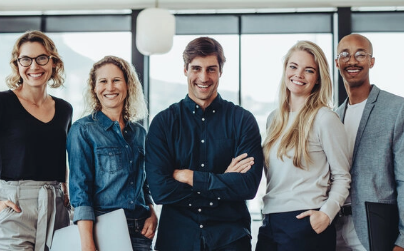 Team of professionals promoting innovative business growth solutions in a modern office