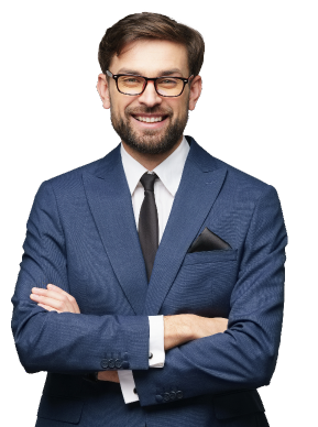 Smiling man in a suit with speech bubbles, representing disclaimer