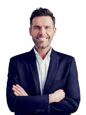 Smiling man in a suit encouraging contact for questions and assistance 