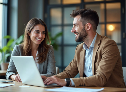 Two professionals discussing innovative business solutions with a laptop in a modern office